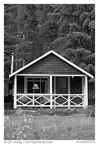 Cabin in the woods with interior lights. Banff National Park, Canadian Rockies, Alberta, Canada