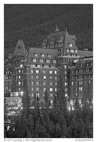 Banff Springs Hotel at dusk. Banff National Park, Canadian Rockies, Alberta, Canada (black and white)