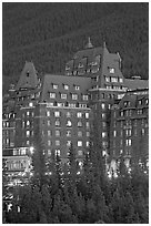 Banff Springs Hotel at dusk. Banff National Park, Canadian Rockies, Alberta, Canada (black and white)