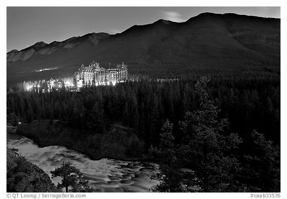 Banff Springs Hotel, Bow River and Falls at night. Banff National Park, Canadian Rockies, Alberta, Canada (black and white)