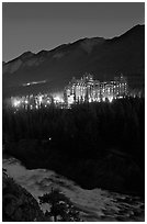 Banff Springs Hotel and Bow River from Surprise Point at night. Banff National Park, Canadian Rockies, Alberta, Canada (black and white)