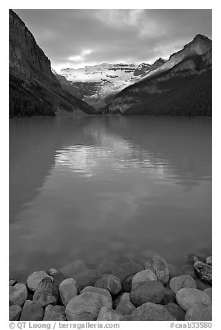 Boulders, Lake Louise, and Victoria Peak, sunrise. Banff National Park, Canadian Rockies, Alberta, Canada