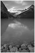 Boulders, Lake Louise, and Victoria Peak, sunrise. Banff National Park, Canadian Rockies, Alberta, Canada ( black and white)