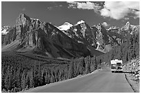 RV on the road to the Valley of Ten Peaks. Banff National Park, Canadian Rockies, Alberta, Canada ( black and white)