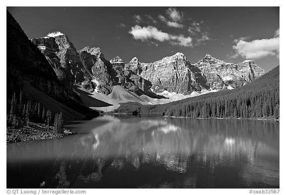 Moraine Lake reflecting the Wenkchemna Peaks, mid-morning. Banff National Park, Canadian Rockies, Alberta, Canada (black and white)