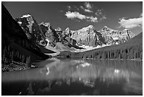 Moraine Lake reflecting the Wenkchemna Peaks, mid-morning. Banff National Park, Canadian Rockies, Alberta, Canada (black and white)