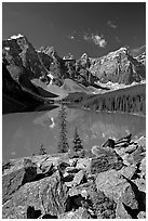 Moraine Lake from the Rockpile, mid-morning. Banff National Park, Canadian Rockies, Alberta, Canada (black and white)