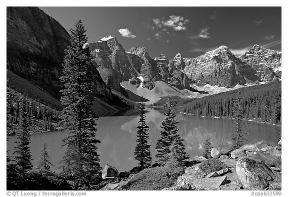 Moraine Lake and Wenkchemna Mountains , mid-morning. Banff National Park, Canadian Rockies, Alberta, Canada (black and white)