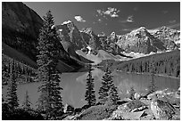 Moraine Lake and Wenkchemna Mountains , mid-morning. Banff National Park, Canadian Rockies, Alberta, Canada (black and white)