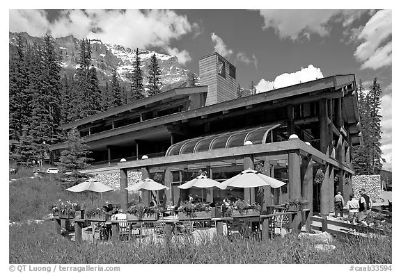 Moraine Lake lodge. Banff National Park, Canadian Rockies, Alberta, Canada (black and white)