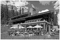 Moraine Lake lodge. Banff National Park, Canadian Rockies, Alberta, Canada (black and white)