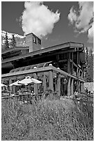 Moraine Lake lodge. Banff National Park, Canadian Rockies, Alberta, Canada (black and white)