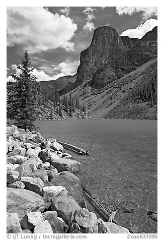 Moraine Lake and peak, afternoon. Banff National Park, Canadian Rockies, Alberta, Canada (black and white)