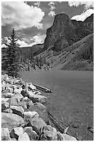 Moraine Lake and peak, afternoon. Banff National Park, Canadian Rockies, Alberta, Canada (black and white)