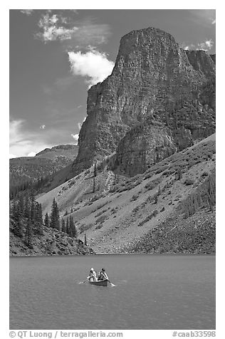 Canoe on Moraine Lake, afternoon. Banff National Park, Canadian Rockies, Alberta, Canada