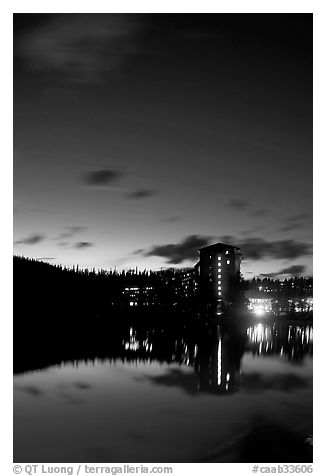 Chateau Lake Louise reflected in Lake at night. Banff National Park, Canadian Rockies, Alberta, Canada (black and white)