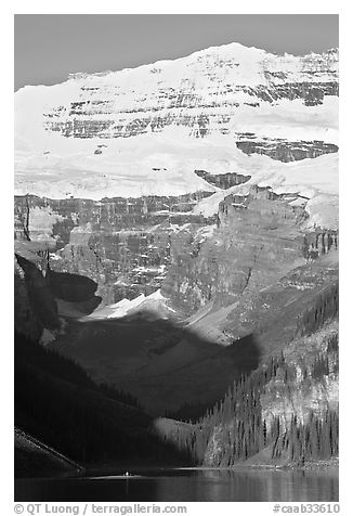 Victoria peak and glacier above Lake Louise, early morning. Banff National Park, Canadian Rockies, Alberta, Canada (black and white)