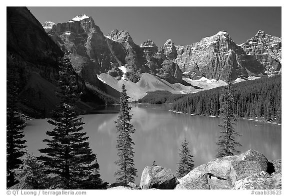 Wenkchemna Peaks above turquoise colored Moraine Lake , mid-morning. Banff National Park, Canadian Rockies, Alberta, Canada (black and white)