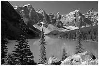 Wenkchemna Peaks above turquoise colored Moraine Lake , mid-morning. Banff National Park, Canadian Rockies, Alberta, Canada ( black and white)