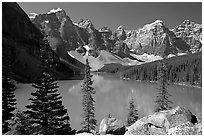 Wenkchemna Peaks above turquoise colored Moraine Lake , mid-morning. Banff National Park, Canadian Rockies, Alberta, Canada (black and white)