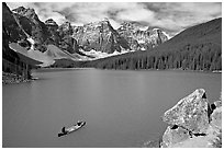 Canoe and Wenkchemna Peaks, Moraine Lake, mid-morning. Banff National Park, Canadian Rockies, Alberta, Canada ( black and white)