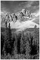 Crowfoot Mountain rising above Bow Lake. Banff National Park, Canadian Rockies, Alberta, Canada (black and white)