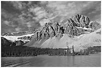 Crowfoot Mountain and Crowfoot Glacier above Bow Lake. Banff National Park, Canadian Rockies, Alberta, Canada (black and white)