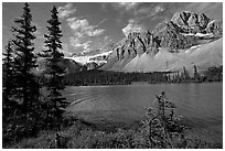 Bow Lake shoreline,  Crowfoot Mountain and Crowfoot Glacier. Banff National Park, Canadian Rockies, Alberta, Canada (black and white)