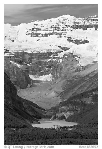 Distant view of Lake Louise and  Victoria Peak from the ski resort. Banff National Park, Canadian Rockies, Alberta, Canada