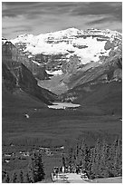 Observation platform, Lake Louise and  Victoria Peak. Banff National Park, Canadian Rockies, Alberta, Canada ( black and white)