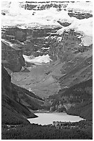 Lake Louise and Chateau Lake Louise at the base of Victorial Peak. Banff National Park, Canadian Rockies, Alberta, Canada (black and white)