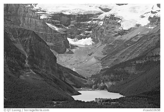 Distant view of Lake Louise and Chateau Lake Louise at the base of Victorial Peak. Banff National Park, Canadian Rockies, Alberta, Canada