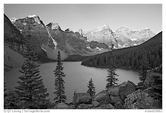 Wenkchemna Peaks above Moraine Lake, sunrise. Banff National Park, Canadian Rockies, Alberta, Canada (black and white)