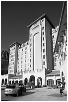 Checking in Chateau Lake Louise hotel. Banff National Park, Canadian Rockies, Alberta, Canada (black and white)