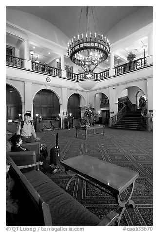 Main interior lobby of Chateau Lake Louise. Banff National Park, Canadian Rockies, Alberta, Canada (black and white)