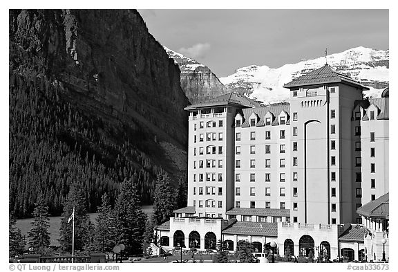 Chateau Lake Louise, with Victoria Peak in the background. Banff National Park, Canadian Rockies, Alberta, Canada (black and white)