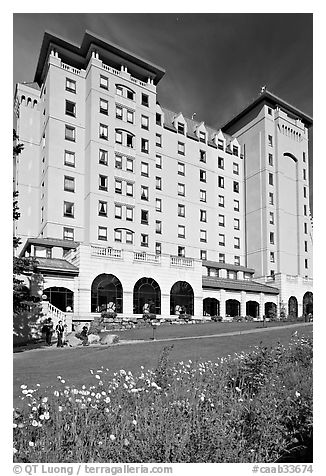 Facade of Chateau Lake Louise hotel. Banff National Park, Canadian Rockies, Alberta, Canada (black and white)