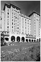 Facade of Chateau Lake Louise hotel. Banff National Park, Canadian Rockies, Alberta, Canada ( black and white)