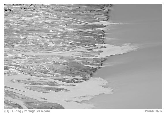 Streams depositing glacial sediments into Peyto Lake. Banff National Park, Canadian Rockies, Alberta, Canada (black and white)