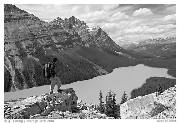 Hiker standing on a rock overlooking Peyto Lake. Banff National Park, Canadian Rockies, Alberta, Canada