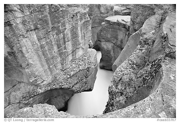 Twenty meter deep gorge carved out of solid limestone rock, Mistaya Canyon. Banff National Park, Canadian Rockies, Alberta, Canada (black and white)