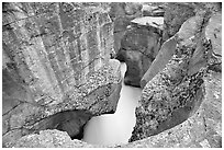 Twenty meter deep gorge carved out of solid limestone rock, Mistaya Canyon. Banff National Park, Canadian Rockies, Alberta, Canada (black and white)