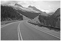 Twisting road, Icefields Parkway, sunset. Banff National Park, Canadian Rockies, Alberta, Canada ( black and white)