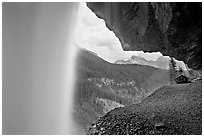 Panther Falls and ledge, seen from behind. Banff National Park, Canadian Rockies, Alberta, Canada ( black and white)