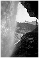 Panther Falls and ledge from behind. Banff National Park, Canadian Rockies, Alberta, Canada (black and white)