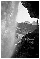 Panther Falls and ledge from behind. Banff National Park, Canadian Rockies, Alberta, Canada (black and white)