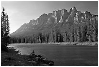 Castle Mountain and the Bow River, late afternoon. Banff National Park, Canadian Rockies, Alberta, Canada ( black and white)