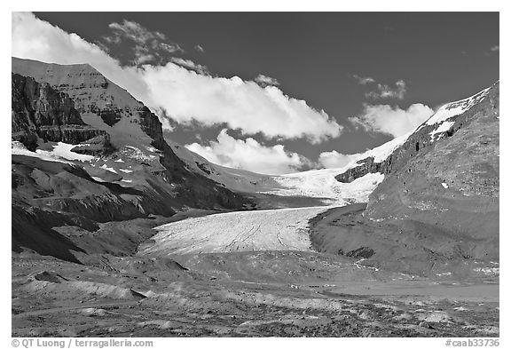 Athabasca Glacier flowing out of the Columbia Icefield, morning. Jasper National Park, Canadian Rockies, Alberta, Canada (black and white)