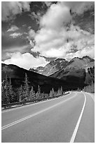 Curved Highway, Icefields Parway. Jasper National Park, Canadian Rockies, Alberta, Canada ( black and white)