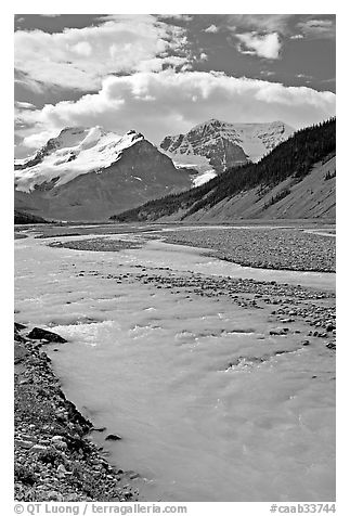 Wide Sunwapta River and Mt Athabasca, morning. Jasper National Park, Canadian Rockies, Alberta, Canada